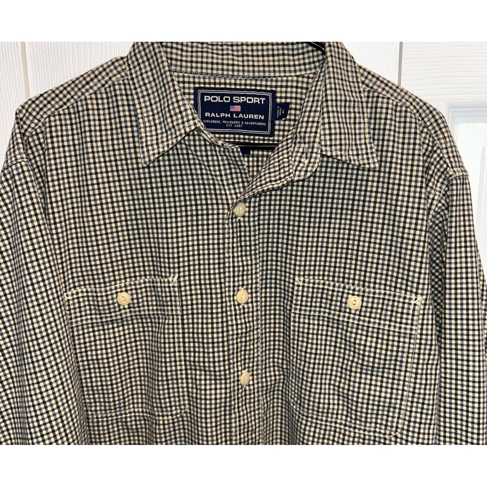 Polo Sport Ralph Lauren Shirt Large Mens Navy Blue Check Long Sleeve Button Down